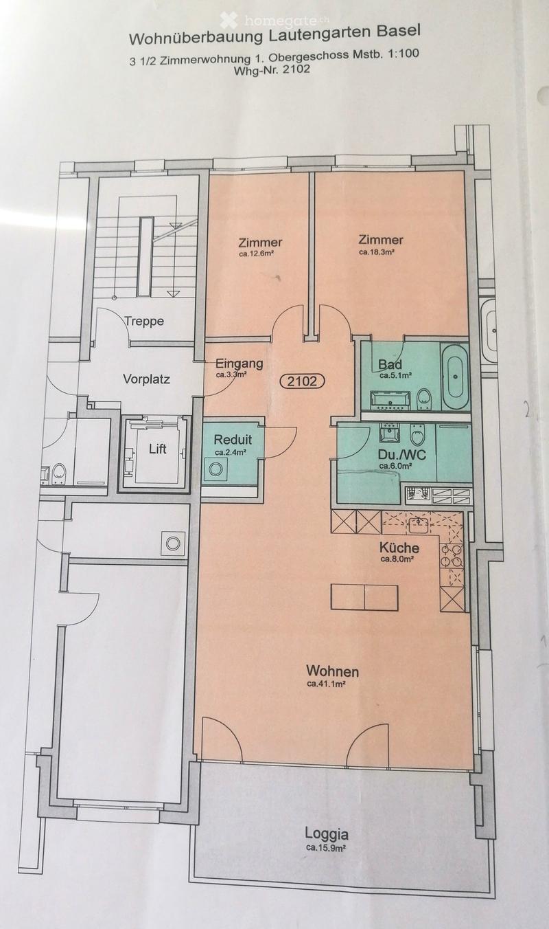Floor plan of a 3.5-room apartment on the first upper floor, including two bedrooms, a living area, kitchen, bathroom, shower/WC, and a loggia.
