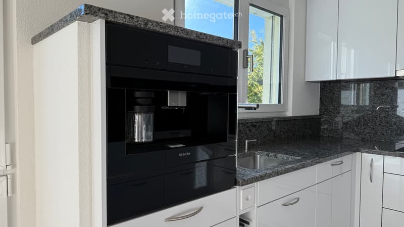 Modern kitchen with white cabinets, granite countertops, stainless steel sink, and built-in black microwave and oven.