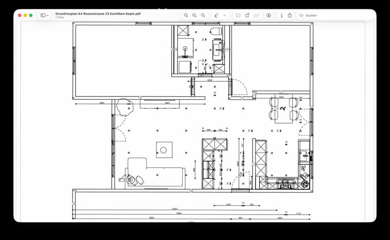 Floor plan of a residential space showing multiple rooms including a living area, kitchen, bedrooms, and bathrooms with labeled dimensions.