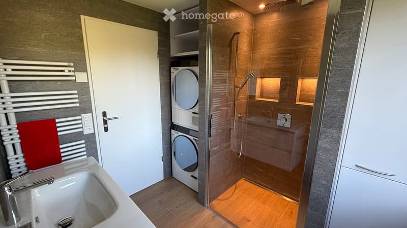 Modern bathroom with a sink, radiator, washing machine, and a glass-enclosed shower area.
