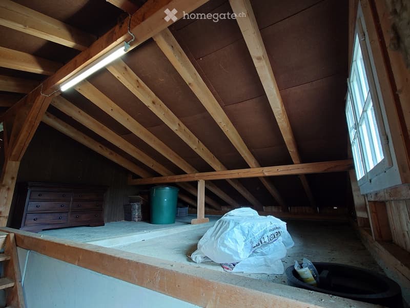 An attic space with exposed wooden beams and a slanted ceiling. Features include a dresser, a green trash can, and a plastic bag on the floor.