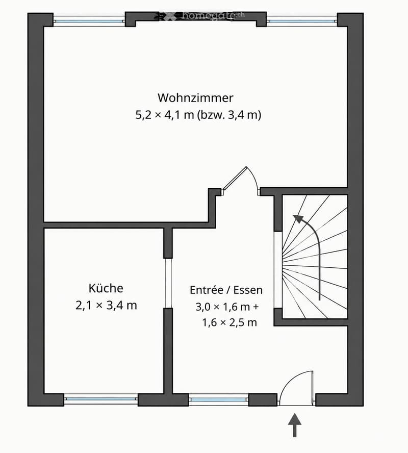 Floor plan showing a living room (Wohnzimmer), kitchen (Küche), and entrance/dining area (Entrée / Essen). Dimensions are provided for each space.