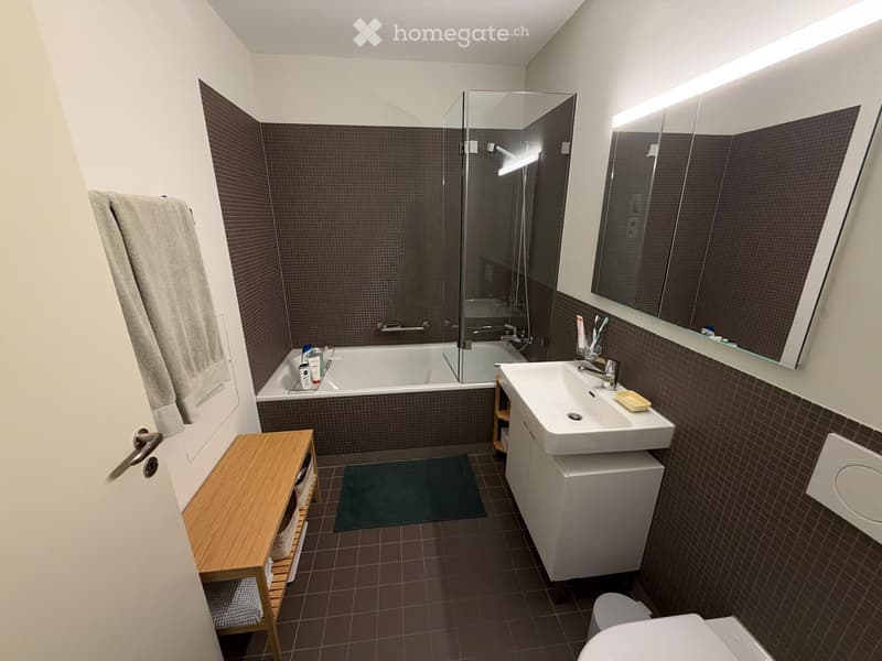 Modern bathroom with dark tiled walls and floor, featuring a bathtub with a glass shower enclosure, a sink with a mirror, a toilet, and a wooden shelf with towels.