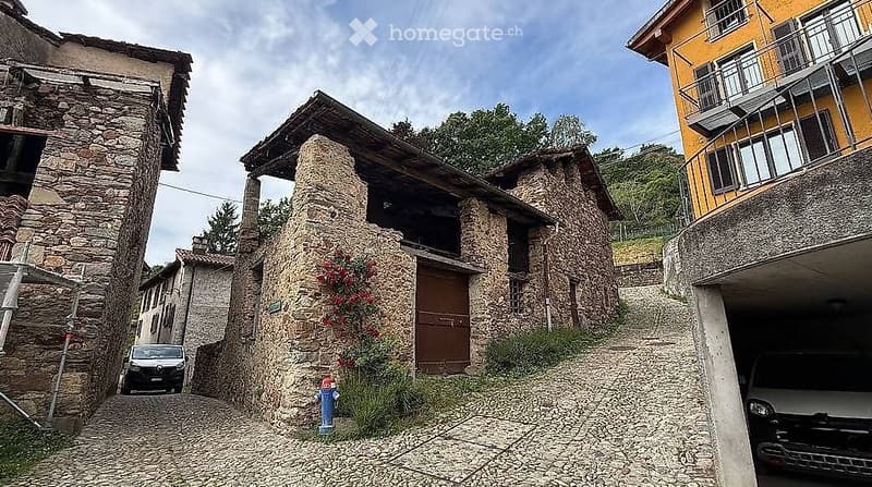 A narrow cobblestone street lined with stone houses, one with a wooden door and small garden, another with a balcony, and a garage with a parked vehicle.