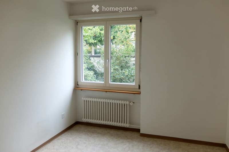 Empty room with light-colored walls, wooden baseboards, carpeted floor, a radiator, and a large window with a wooden sill.