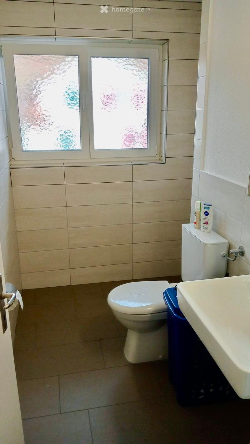 Bathroom with beige tiled walls and floor, white toilet, sink, and a small window with frosted glass. Toilet paper and a bottle are placed on the toilet tank.