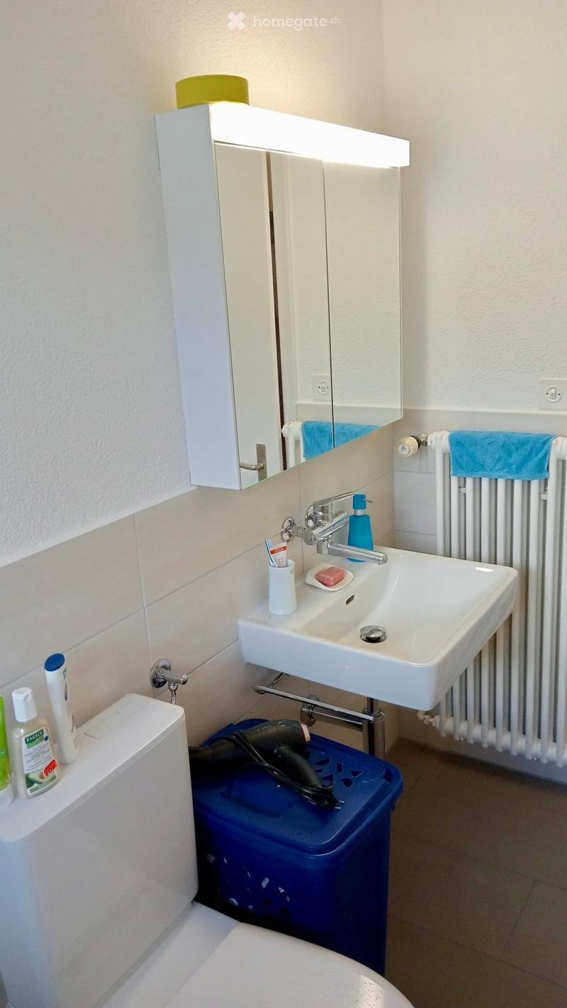 A modern bathroom with a white sink, mirror cabinet, radiator, and a toilet. Personal care items are placed on the sink and toilet.