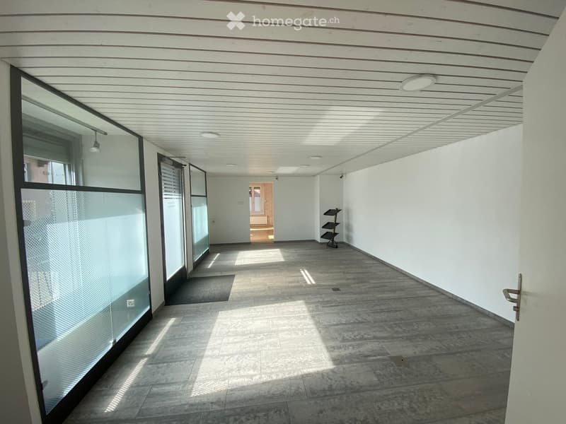 Modern hallway with white walls, tiled floor, glass partitions, and recessed lighting. Features a small black stand and a rug near the entrance.