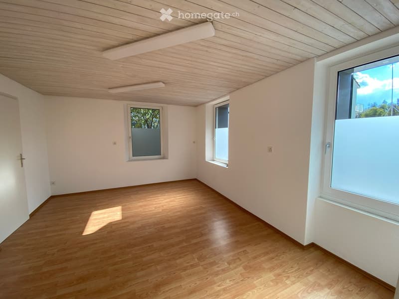 Empty room with wooden flooring, white walls, and multiple windows allowing natural light. The ceiling features wooden paneling and integrated lighting fixtures.