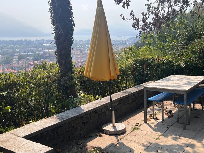 Balcony with a table, bench, and umbrella, overlooking a scenic lake and city view.