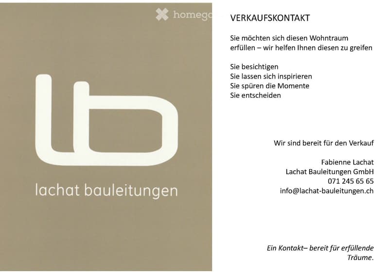 Promotional image for Lachat Bauleitungen GmbH, featuring a large logo and contact information for sales inquiries.