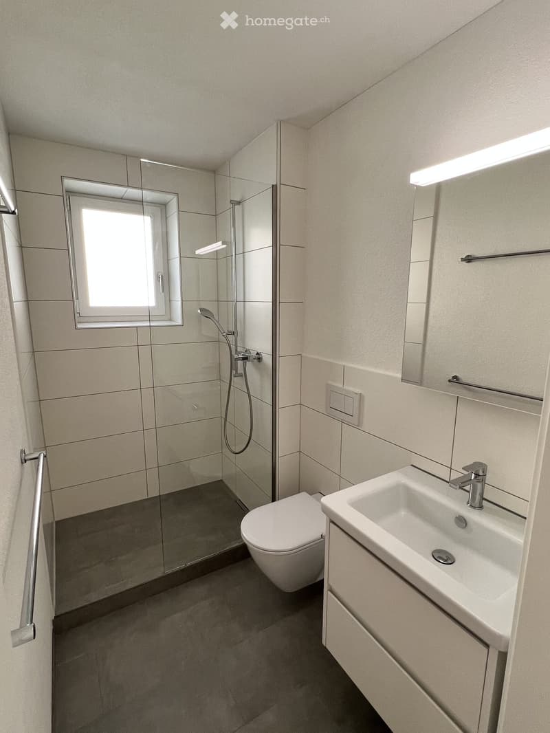 Modern bathroom with a toilet, sink, mirror, and glass-enclosed shower area. Features tiled walls and a window for natural light.