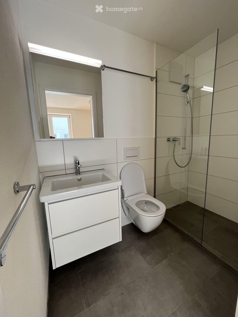 Modern bathroom with white tiles, a sink with a mirror, a toilet, and a glass-enclosed shower area.