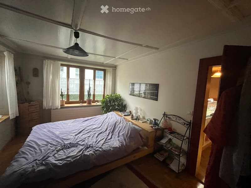 Cozy bedroom with a wooden bed, nightstand, mirror, potted plants on the windowsill, and a hanging lamp.