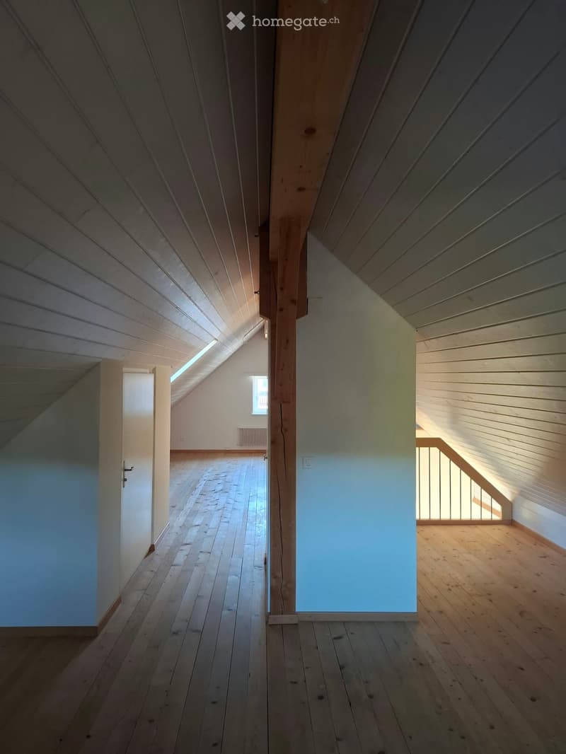 Bright, wooden-floored hallway with slanted wooden ceilings, open doorways leading to rooms, and natural light from skylights and windows.