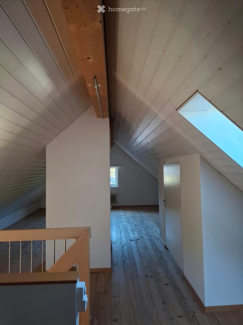 A narrow, wooden-floored hallway with slanted ceilings and exposed wooden beams. Features include a small window at the far end, a closed door, and a skylight on the right side.