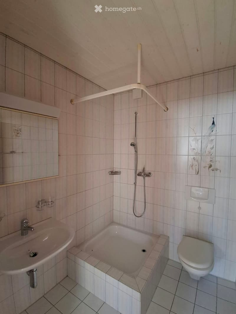 Bathroom with a bathtub, toilet, sink, and shower hose. The walls and floor are tiled, and there is a mirror above the sink.