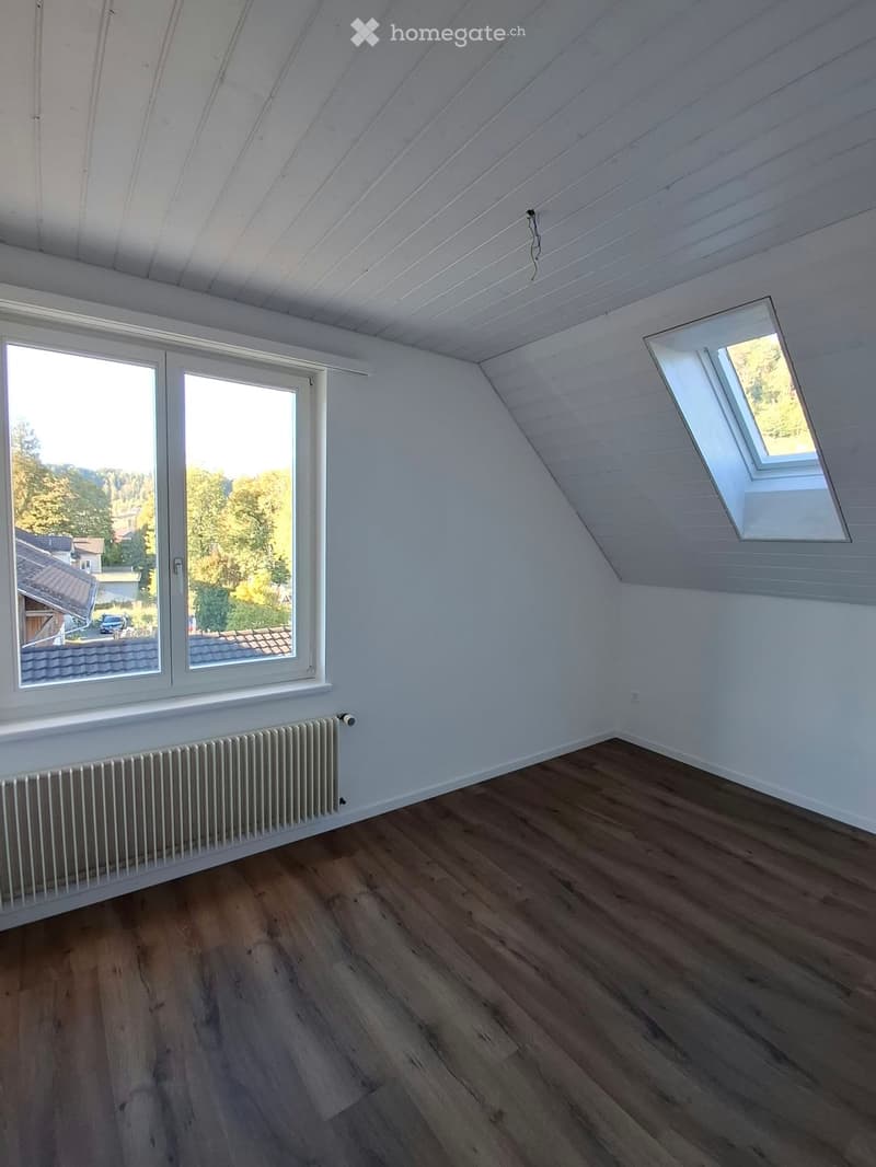 Empty attic room with wooden flooring, white walls, and large windows offering a view of the outdoors. Features a radiator and a skylight window.