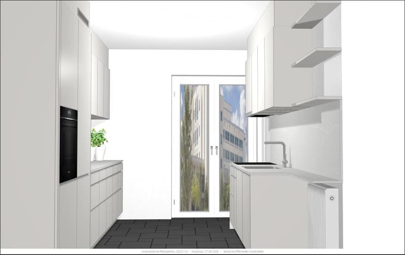 Modern kitchen with white cabinets, black tiled floor, sink, faucet, oven, and a small plant on the counter.