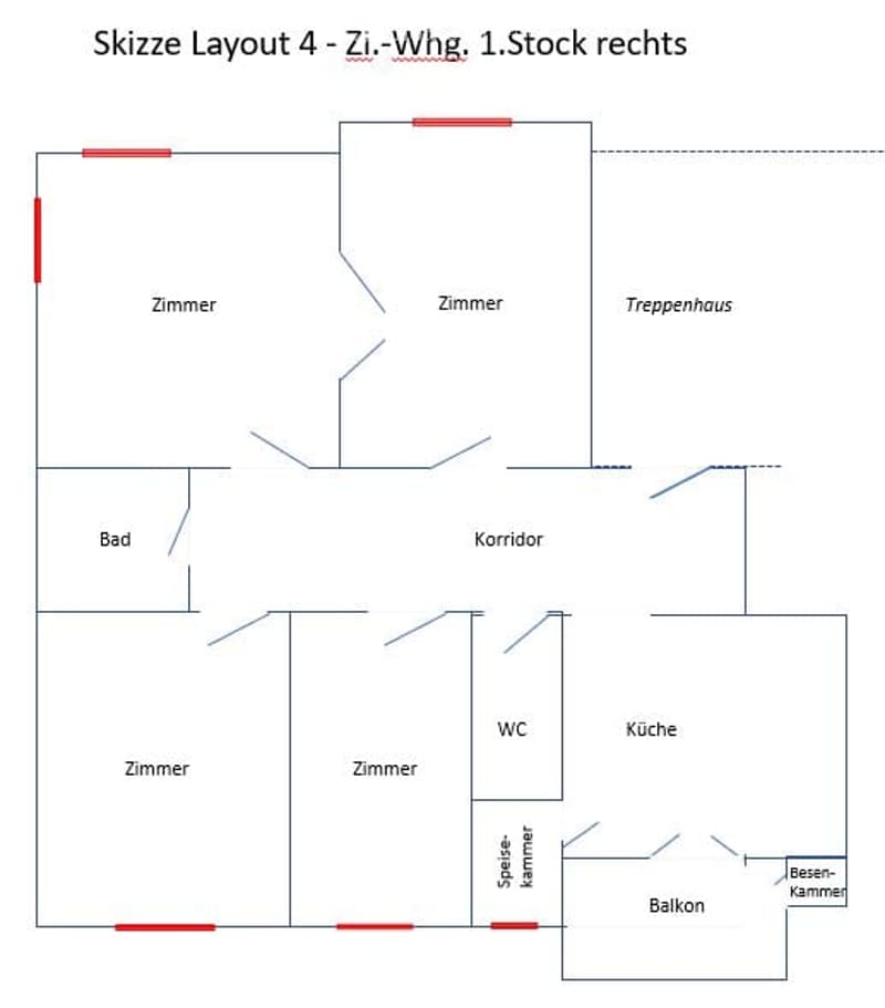 Floor plan of a 1st floor apartment with multiple rooms including bedrooms, bathroom, kitchen, hallway, staircase, and balcony.