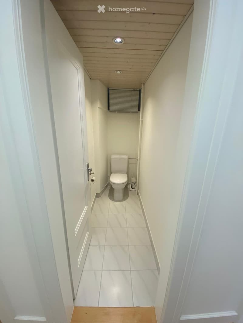 A narrow passage with a white tiled floor and walls, a toilet, and a door. The toilet has a toilet paper holder mounted on the wall.