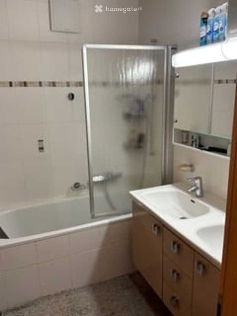 Bathroom with a bathtub, glass-enclosed shower, sink with mirror, and cabinets.