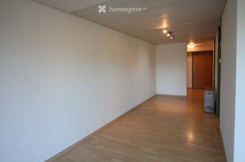 Empty hallway with light wooden flooring, white walls, and recessed lighting. A closed wooden door is visible at the end of the corridor.