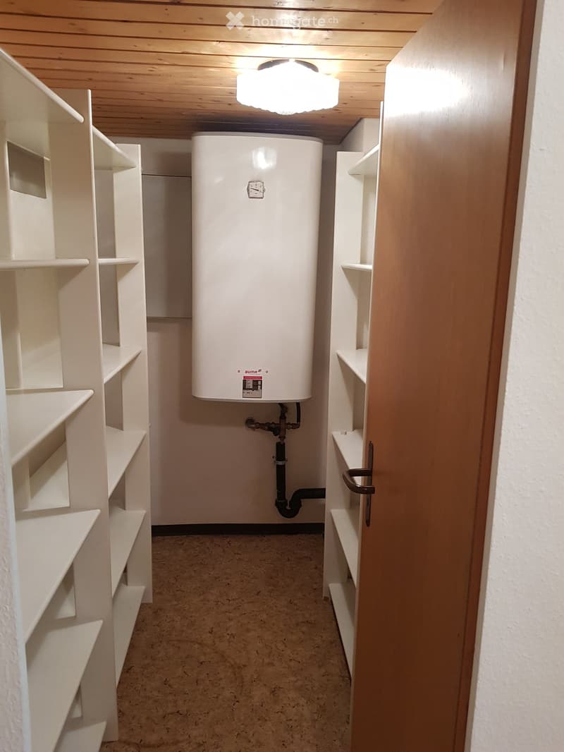 A narrow hallway with wooden walls and ceiling, featuring built-in white shelving units on both sides and a central white water heater with visible pipes.