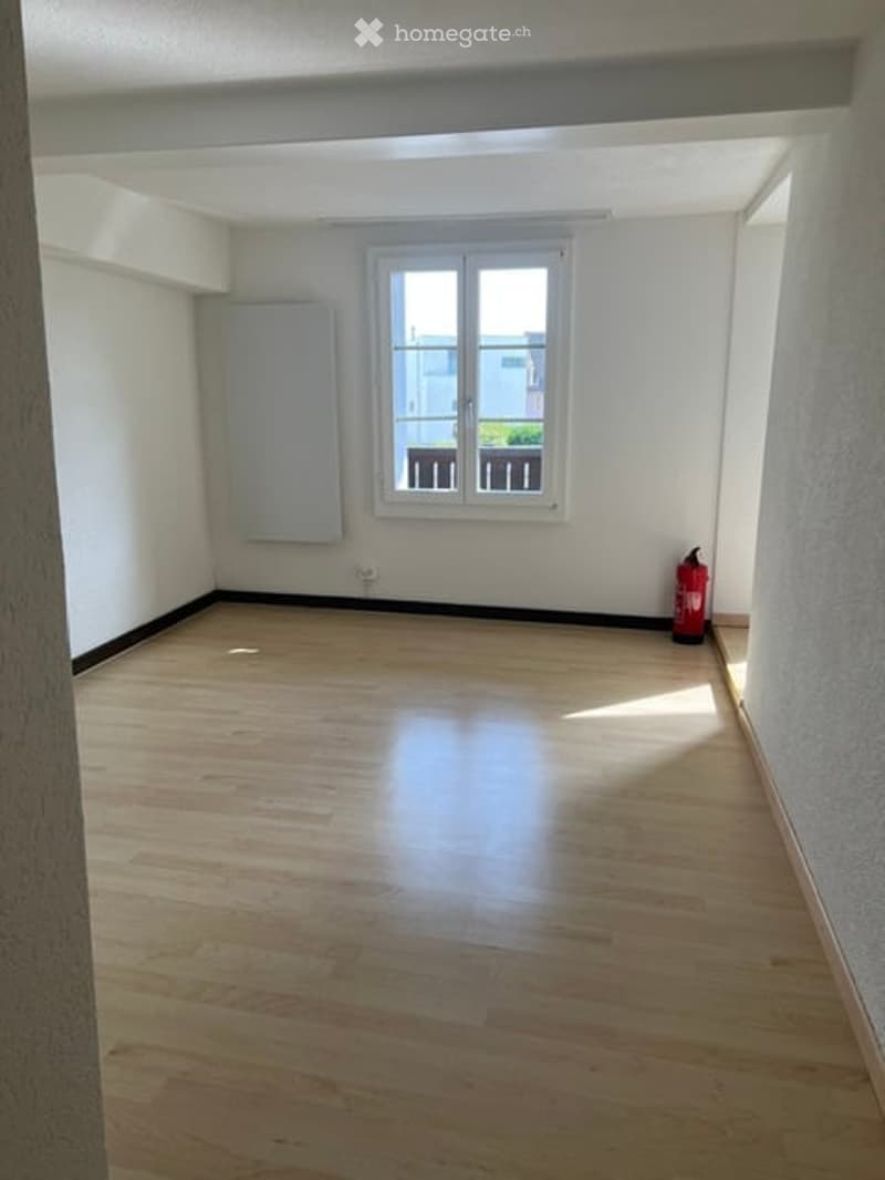 Empty room with wooden flooring, white walls, and a window with a view of greenery outside. A radiator is mounted on one wall, and a red fire extinguisher is placed near the window.