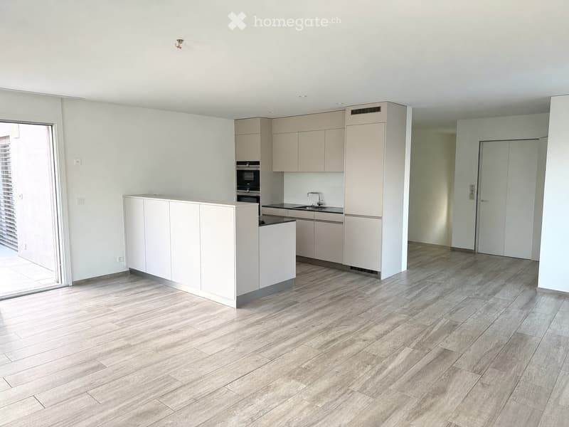 Empty kitchen with white cabinets, a countertop, and wooden flooring. No appliances or furniture are present.