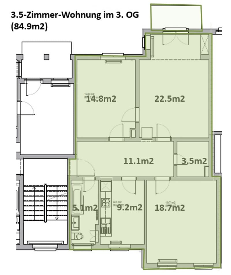 Floor plan of a 3.5-room apartment on the 3rd floor, total area 84.9 m². Layout includes living area, kitchen, bedrooms, and bathrooms with specified square meterages.