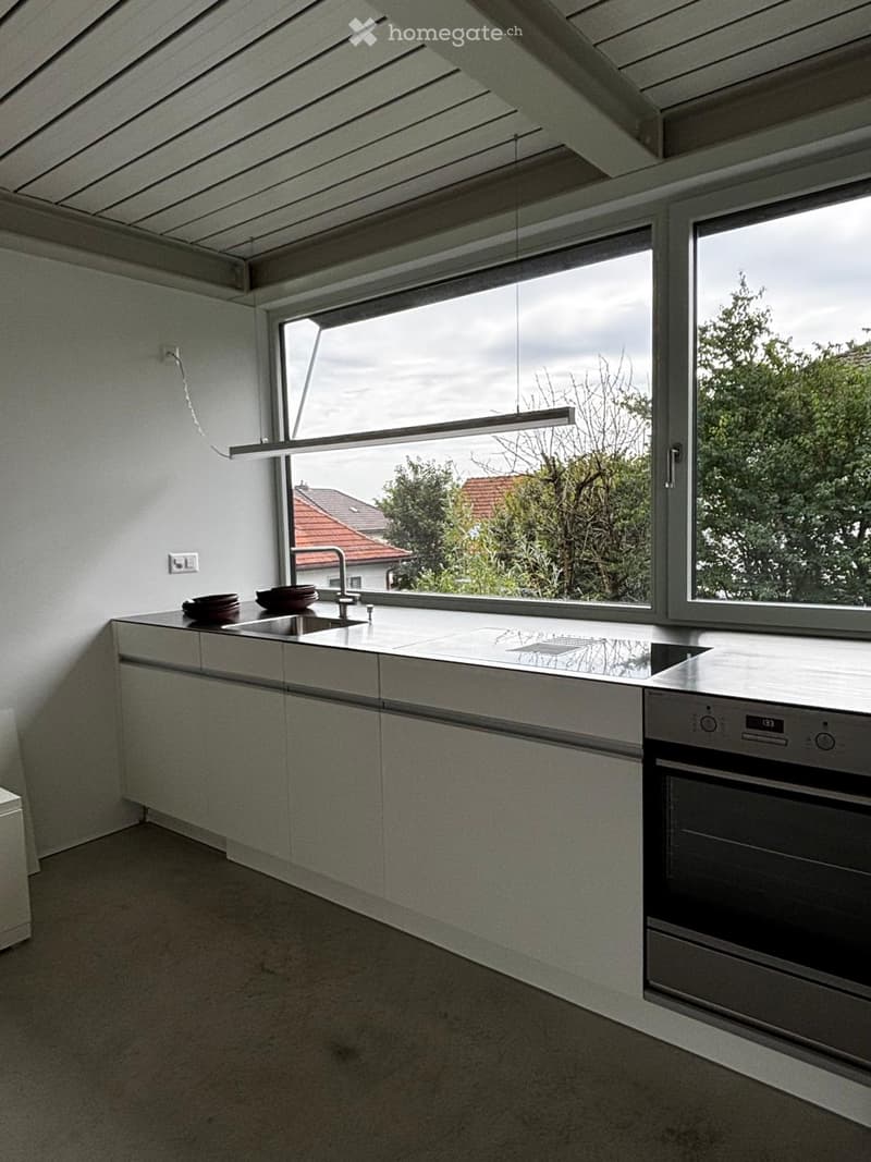 Modern kitchen with white cabinets, stainless steel appliances, and large windows overlooking a garden.