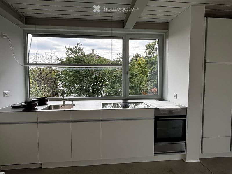 Modern kitchen with white cabinets, a sink, an oven, and several bowls on the counter. Large windows provide natural light and a view of greenery outside.