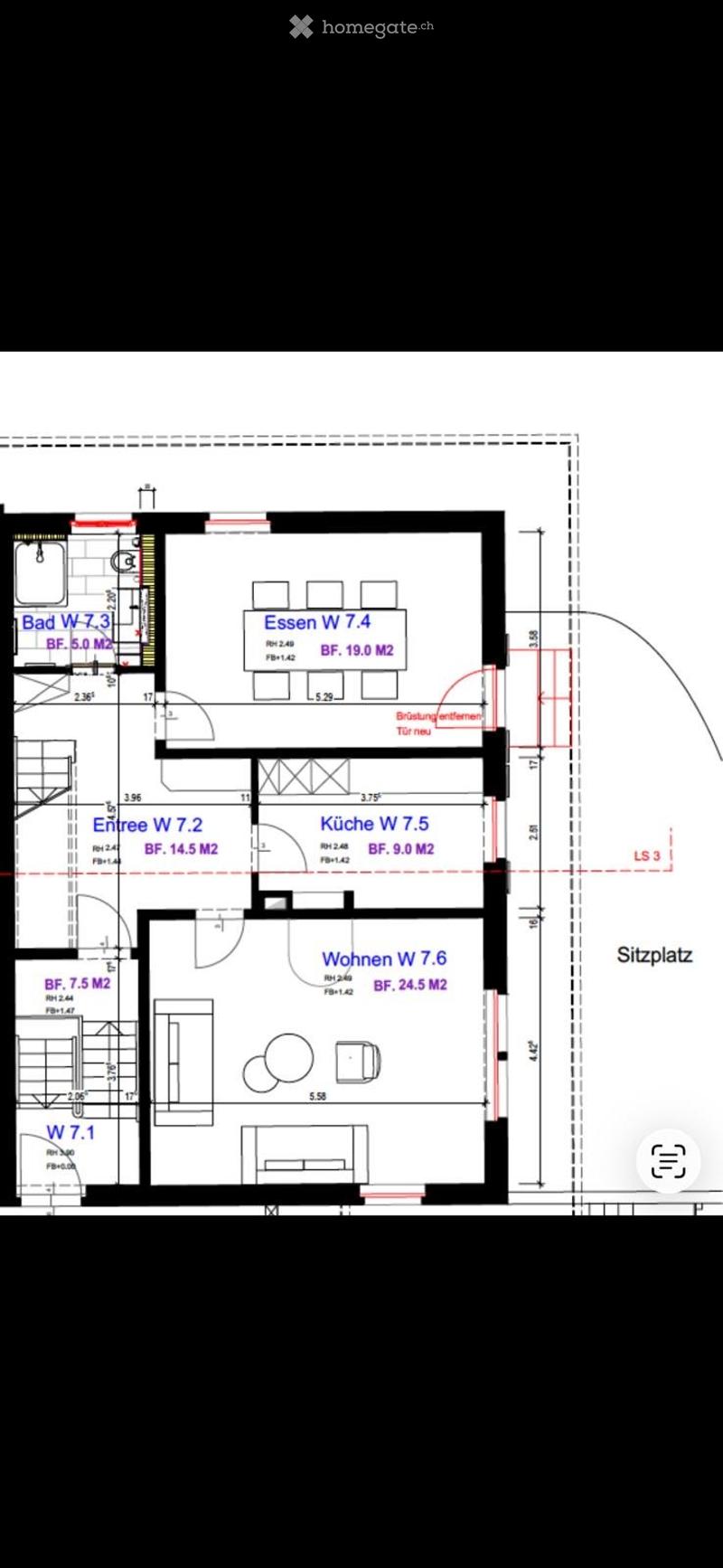 Floor plan of a residential space with labeled rooms including a kitchen, living area, dining area, bathroom, and entrance.
