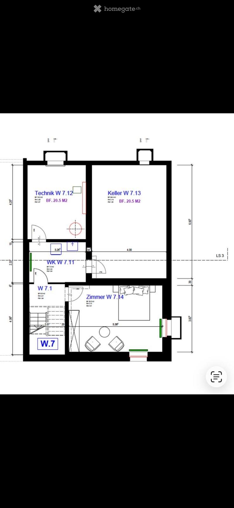 Floor plan showing multiple rooms including a bedroom (Zimmer W 7.14), a workshop (WK W 7.11), and technical spaces (Technik W 7.12, Keller W 7.13). Dimensions and room labels are provided.