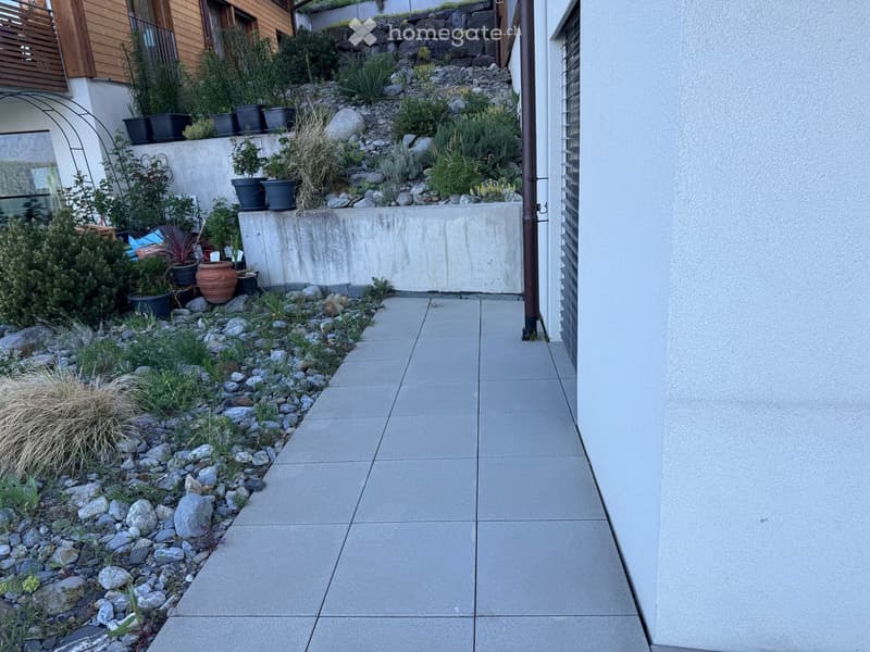 A modern garden area with a concrete pathway, rocks, and various potted plants, including shrubs and grasses, leading to a raised wooden deck area.