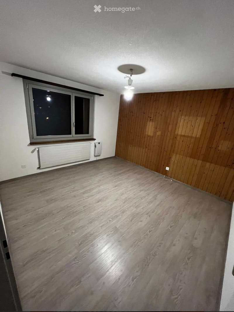 Empty room with wooden flooring, white walls, a window with a radiator below, and a ceiling light fixture.