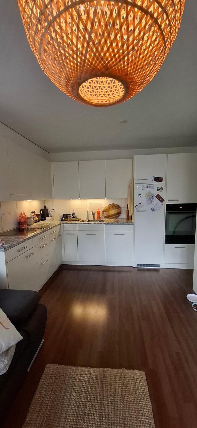 Modern kitchen with white cabinets, stainless steel appliances, and a wooden floor. A woven rug is placed in the center, and a sofa with a pillow is visible in the foreground.