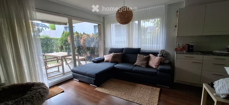 Modern living room with a dark grey sectional sofa, wooden floor, large windows with sheer curtains, and a small kitchen area with cabinets and a counter. A wicker hanging lamp is above the sofa, and a small table and chairs are visible through the glass