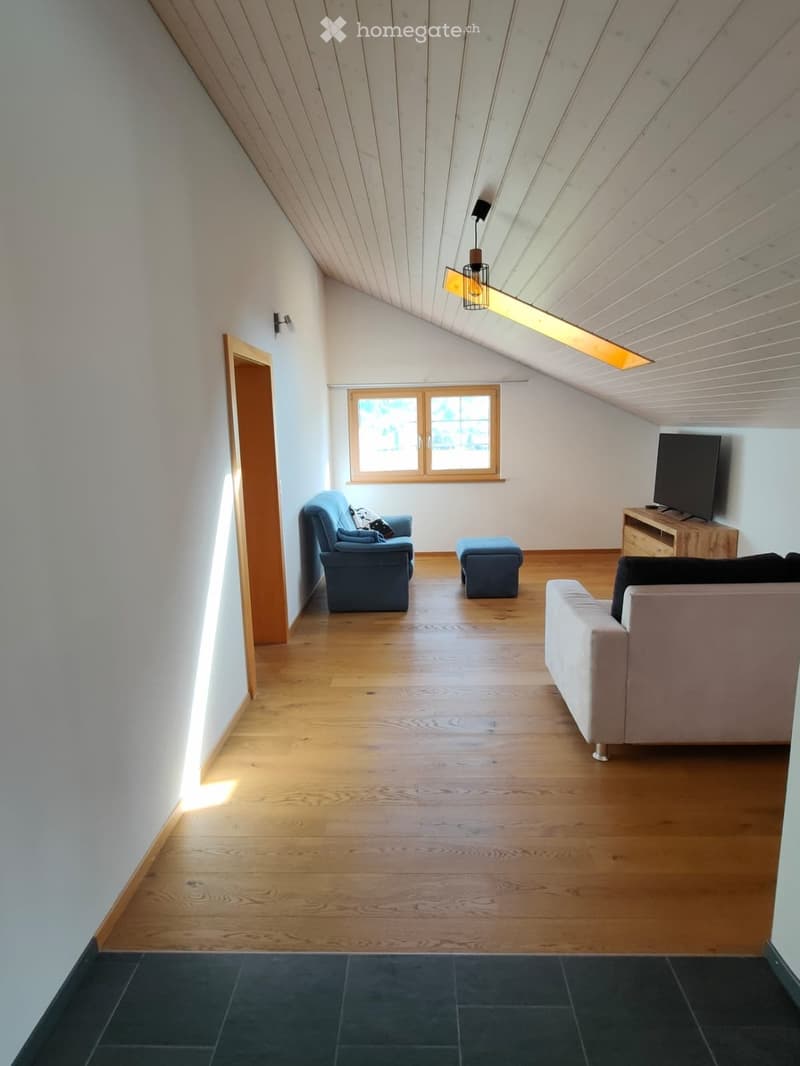 Bright living room with wooden flooring, slanted wooden ceiling, large window, and modern furniture including a sofa, armchair, ottoman, TV stand, and a hanging lamp.