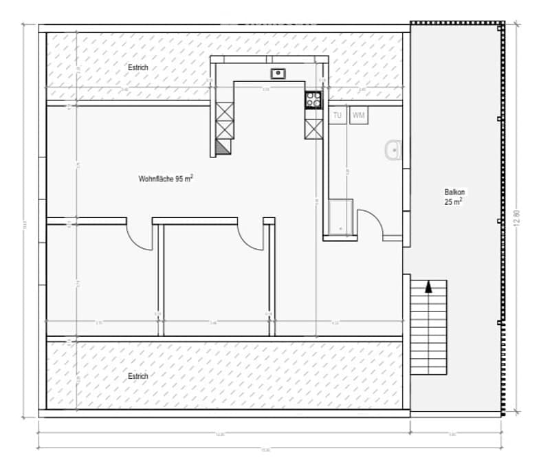 Floor plan of a 95 m² living area with a balcony (25 m²), a separate kitchen, and a bathroom with a toilet and shower.