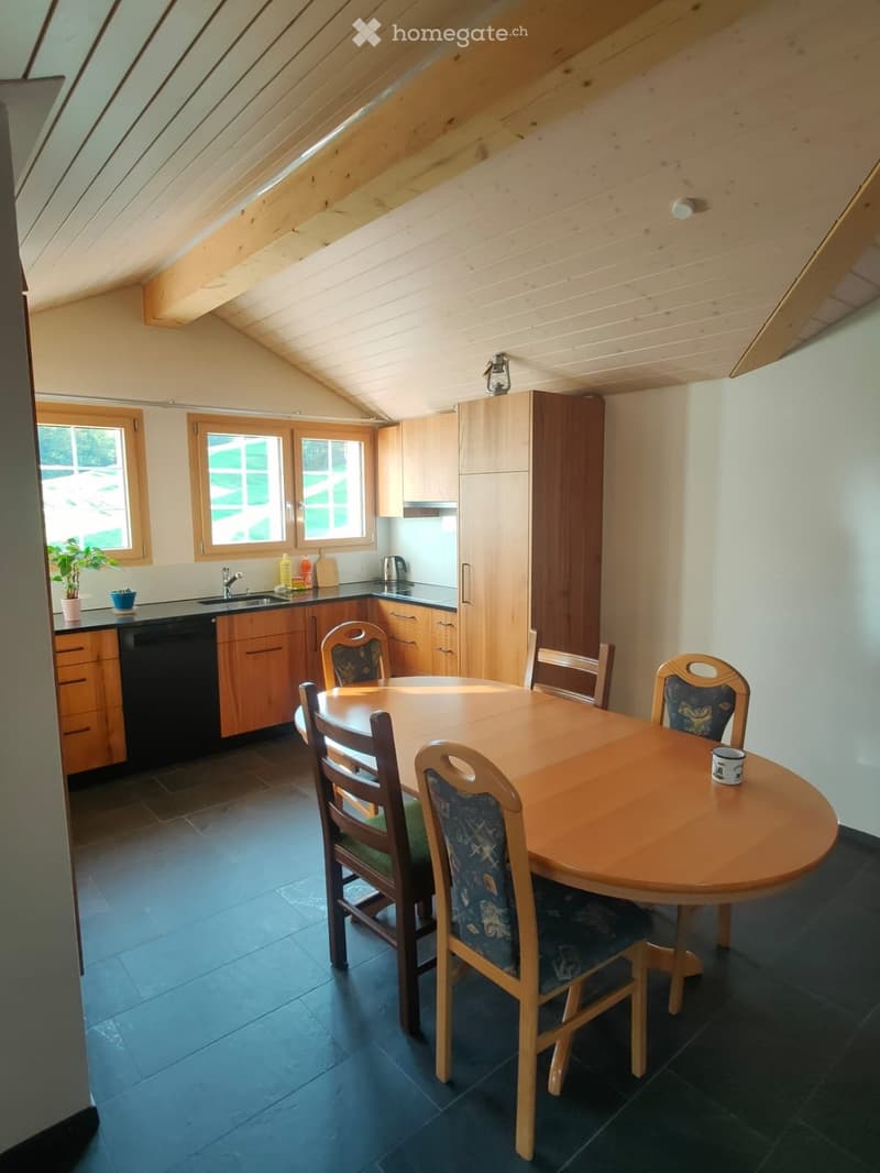 Bright kitchen with wooden cabinets, a round wooden dining table surrounded by six chairs, and a sink area with a faucet and potted plant on the counter.
