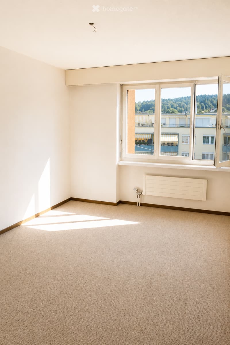 Empty room with beige carpet, white walls, large window with view, radiator, and light fixture.