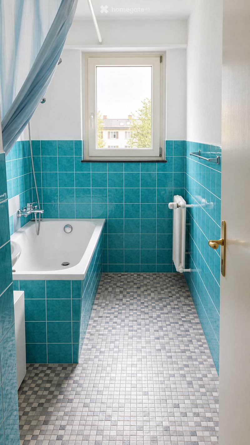 Bathroom with teal tiles, bathtub, radiator, and window with blue curtain.