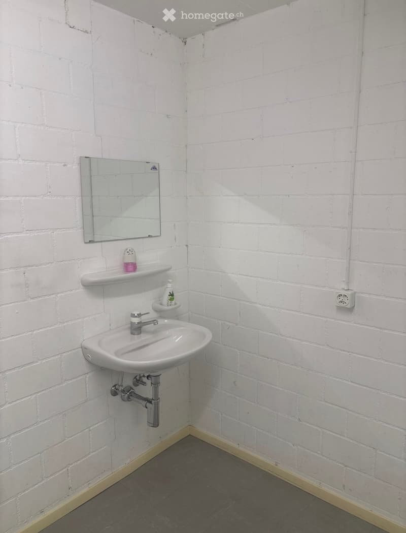 Small bathroom with white brick walls, a white sink, a mirror, and a small shelf holding toiletries.