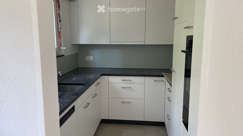 Modern kitchen with white cabinets, dark countertops, and built-in appliances including a sink and oven.