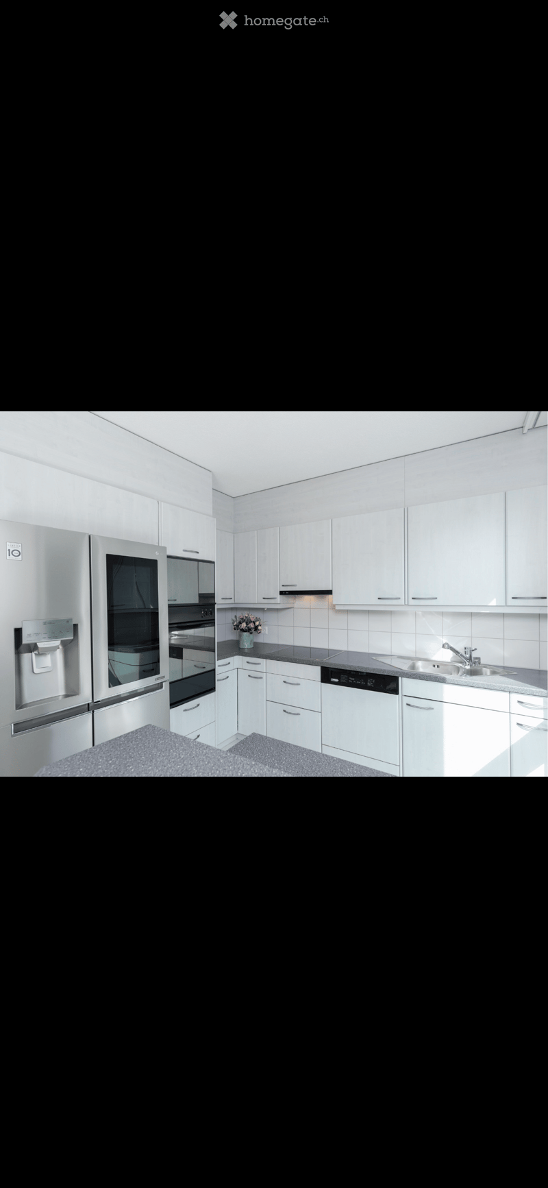 Modern kitchen with white cabinets, stainless steel appliances, and a black countertop.