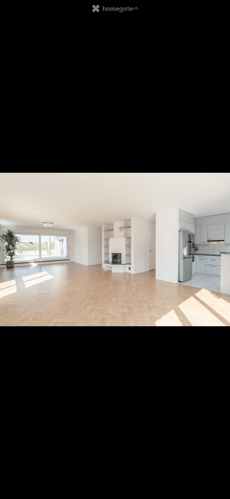 Open-plan living and dining area with herringbone wooden flooring, modern kitchen with stainless steel appliances, fireplace with built-in shelving, large sliding glass doors leading to a balcony, and a potted plant near the entrance.