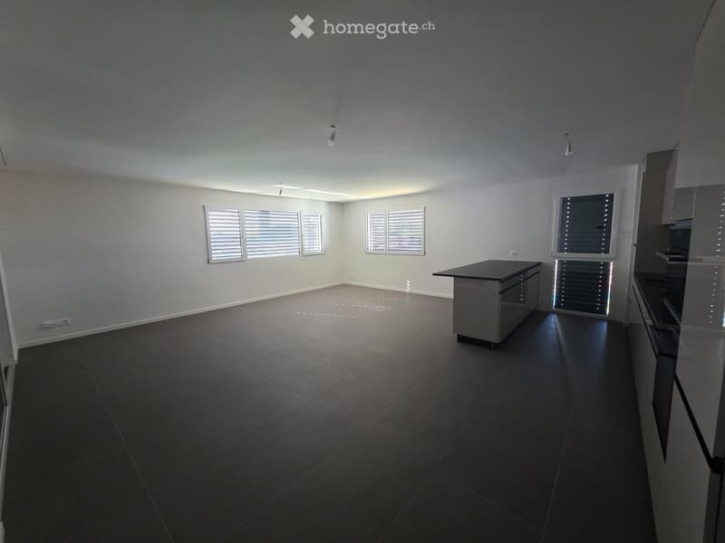 Empty room with dark tiled flooring, white walls, and several windows with white shutters. A small kitchen island is visible on the right side.