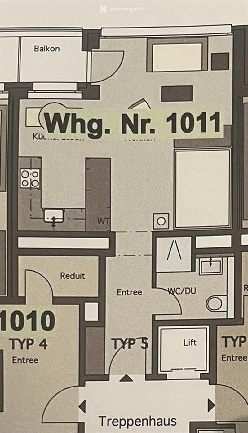 Floor plan of apartment 1011 showing a kitchen, living room, bedroom, bathroom, and balcony.